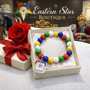 OES Eastern Star Bracelet Multicolor Pearls with Rhinestone Logo Charm‎